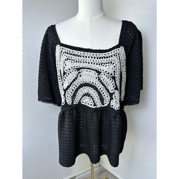 Sarah Hann x Anthropologie Flutter-Sleeve Crochet Black Babydoll Blouse 2x Plus - Picture 5 of 10